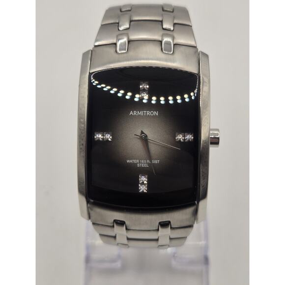 Armitron Men’s Rectangle Dress Watch Silver Tone All Stainless Black Dial WR50M - Picture 1 of 10